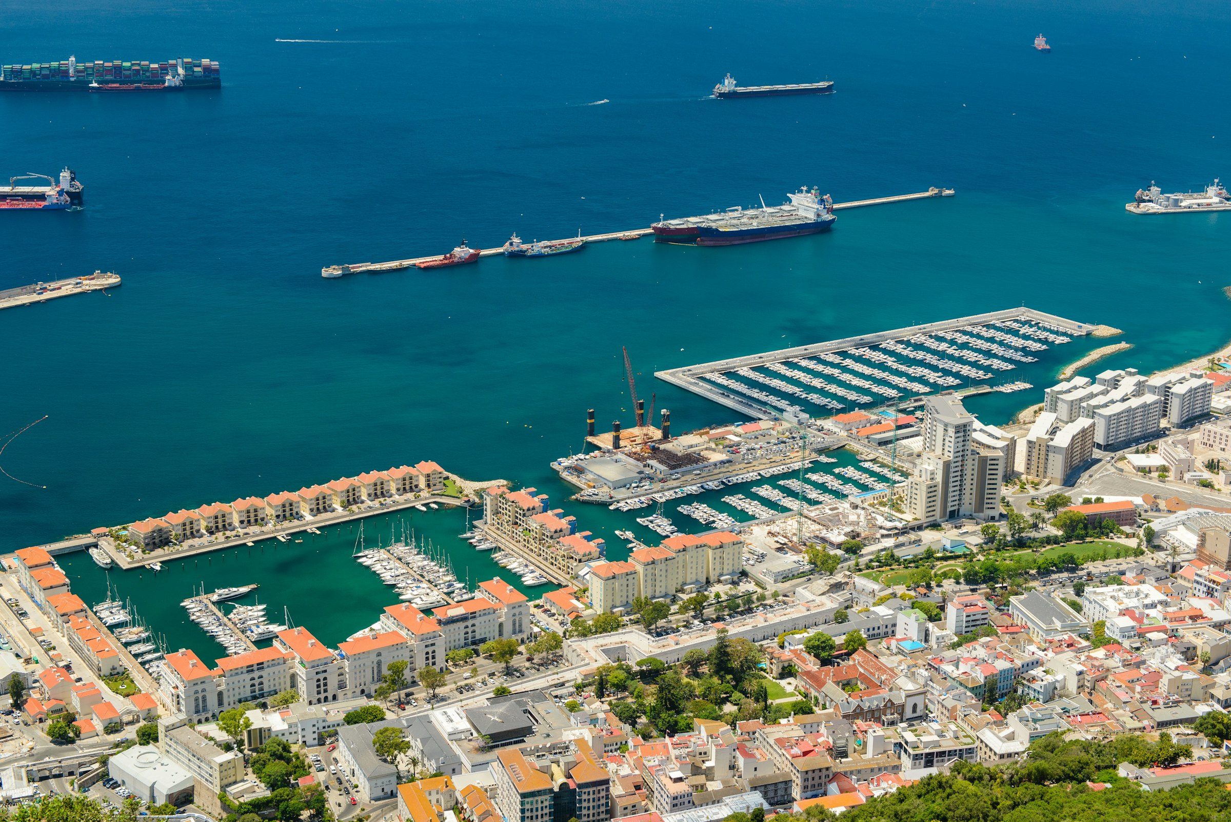 Aerial view of Gibraltar’s marinas and Queensway